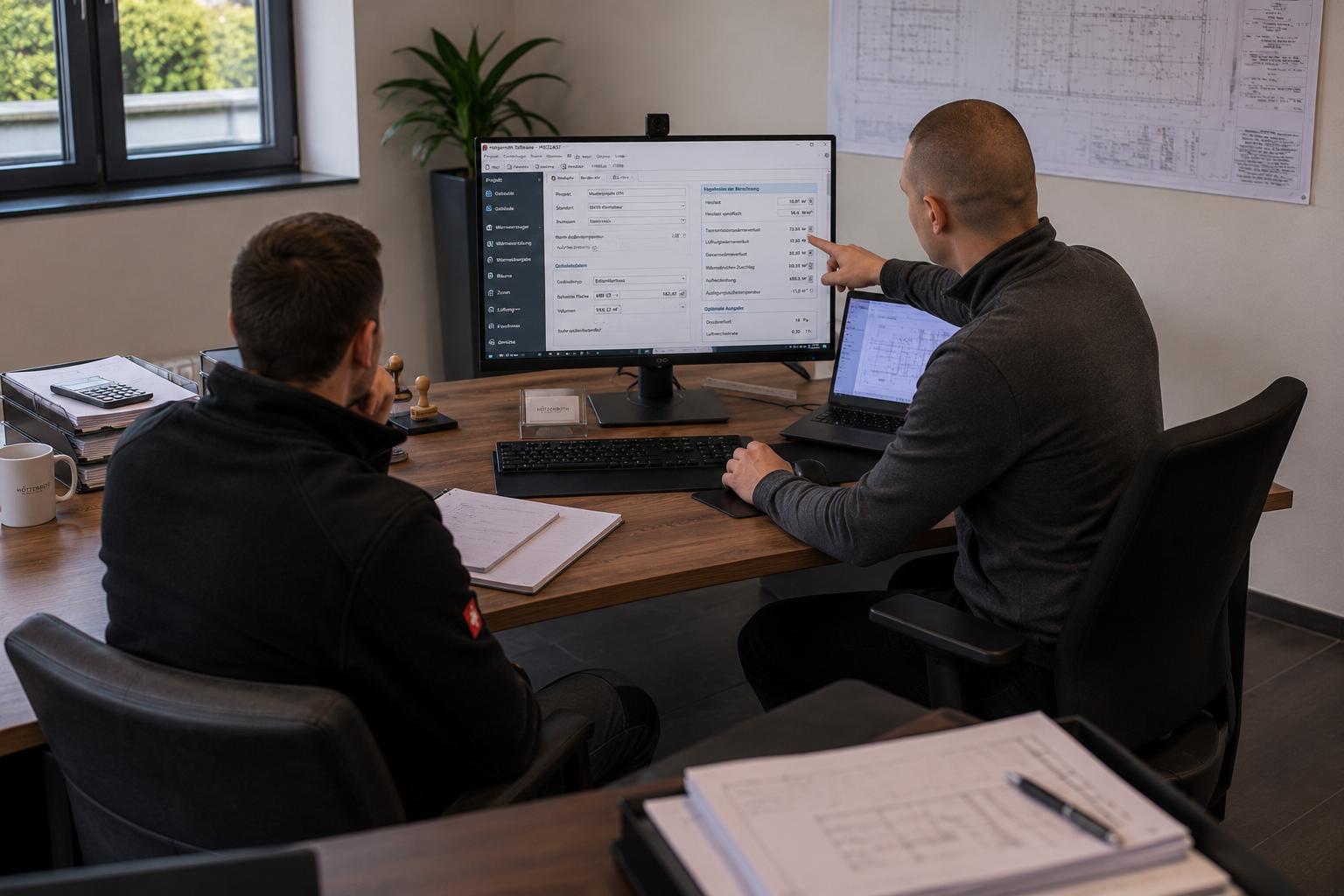 Beratungsgespräch mit Plänen und Berechnungssoftware